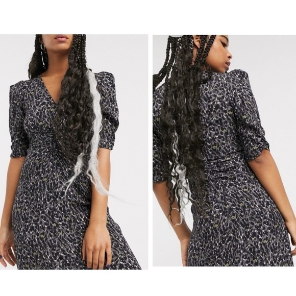 ALLSAINTS Josephine Waterleo Short Sleeve Ruched Leopard Print Mini Dress NEW - Picture 2 of 14